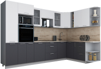 Кухонный гарнитур Интерлиния Мила Gloss 1.88x3.2 правая (белый софт/графит софт/травертин серый) - 