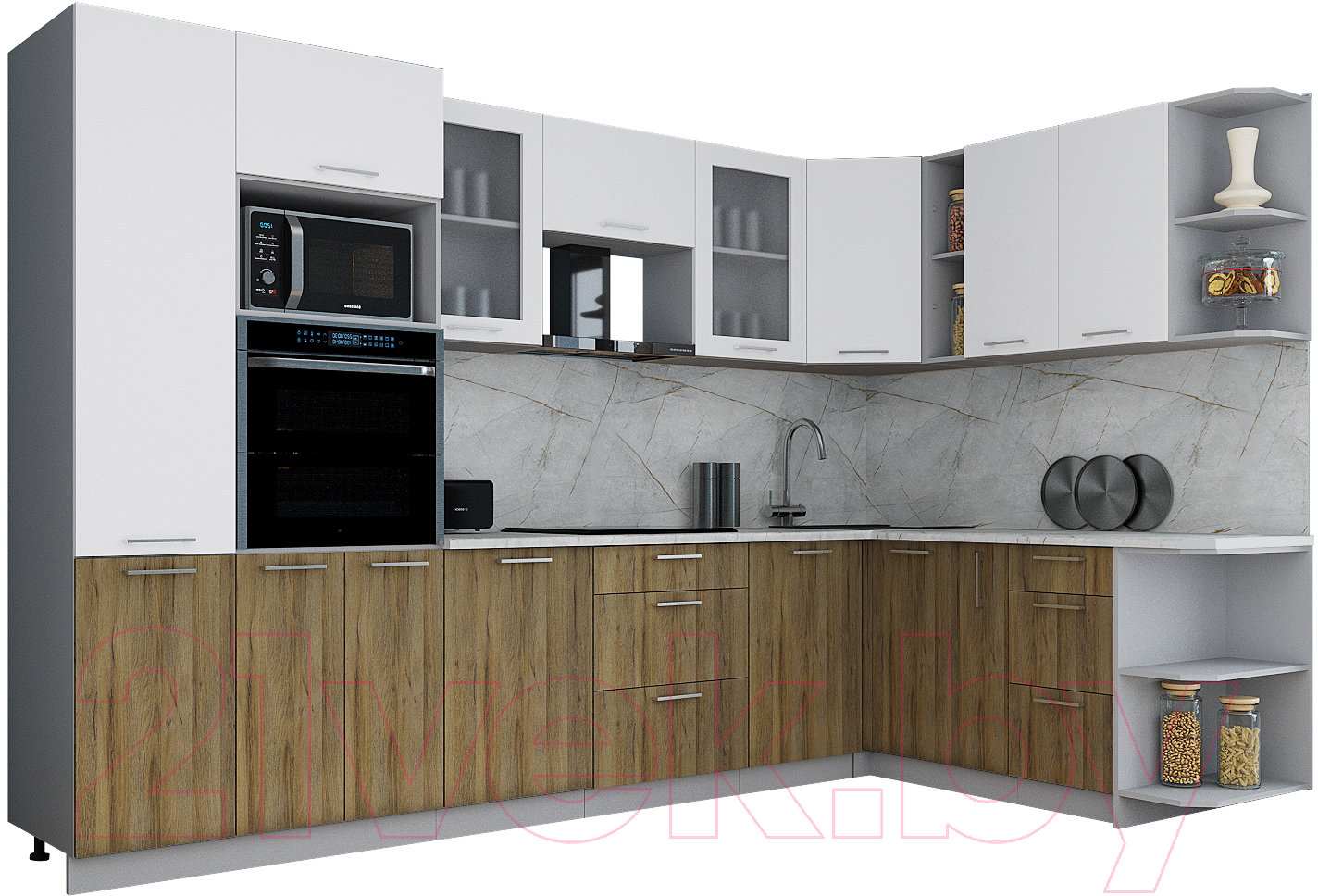 Кухонный гарнитур Interline Мила Gloss 1.88x3.2 правая (белый/дуб вотан/травертин серый)
