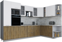 Кухонный гарнитур Интерлиния Мила Gloss 1.88x3.2 правая (белый софт/дуб вотан/травертин серый) - 
