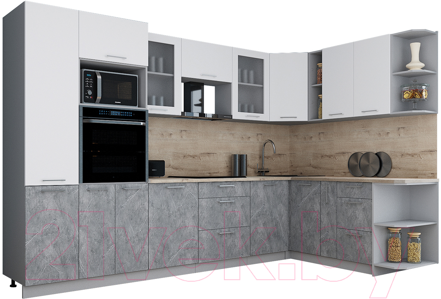 Кухонный гарнитур Interline Мила Gloss 1.88x3.2 правая (белый/керамика/травертин серый)