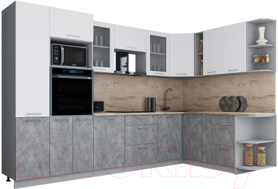 Кухонный гарнитур Интерлиния Мила Gloss 1.88x3.2 правая (белый софт/керамика/травертин серый)