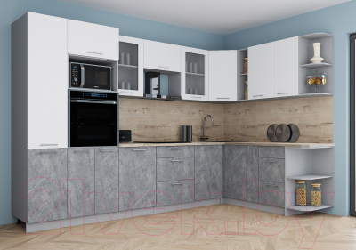 Кухонный гарнитур Интерлиния Мила Gloss 1.88x3.2 правая (белый софт/керамика/травертин серый)