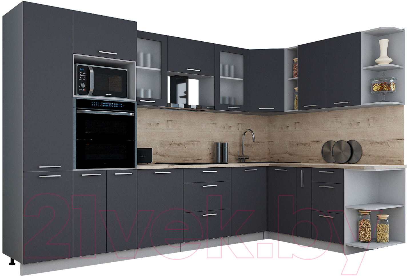 Кухонный гарнитур Interline Мила Gloss 1.88x3.2 правая (пепел/пепел/травертин серый)