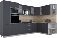 Кухонный гарнитур Интерлиния Мила Gloss 1.88x3.2 правая (графит софт/графит софт/травертин серый) - 