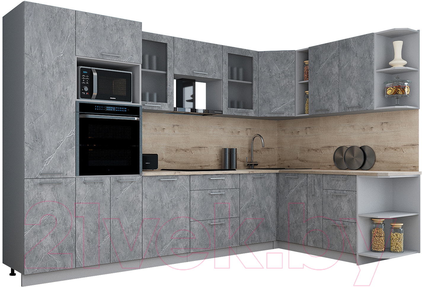 Кухонный гарнитур Interline Мила Gloss 1.88x3.2 правая (керамика/керамика/травертин серый)