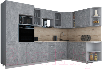 Готовая кухня Интерлиния Мила Gloss 1.88x3.2 правая (керамика/керамика/травертин серый)