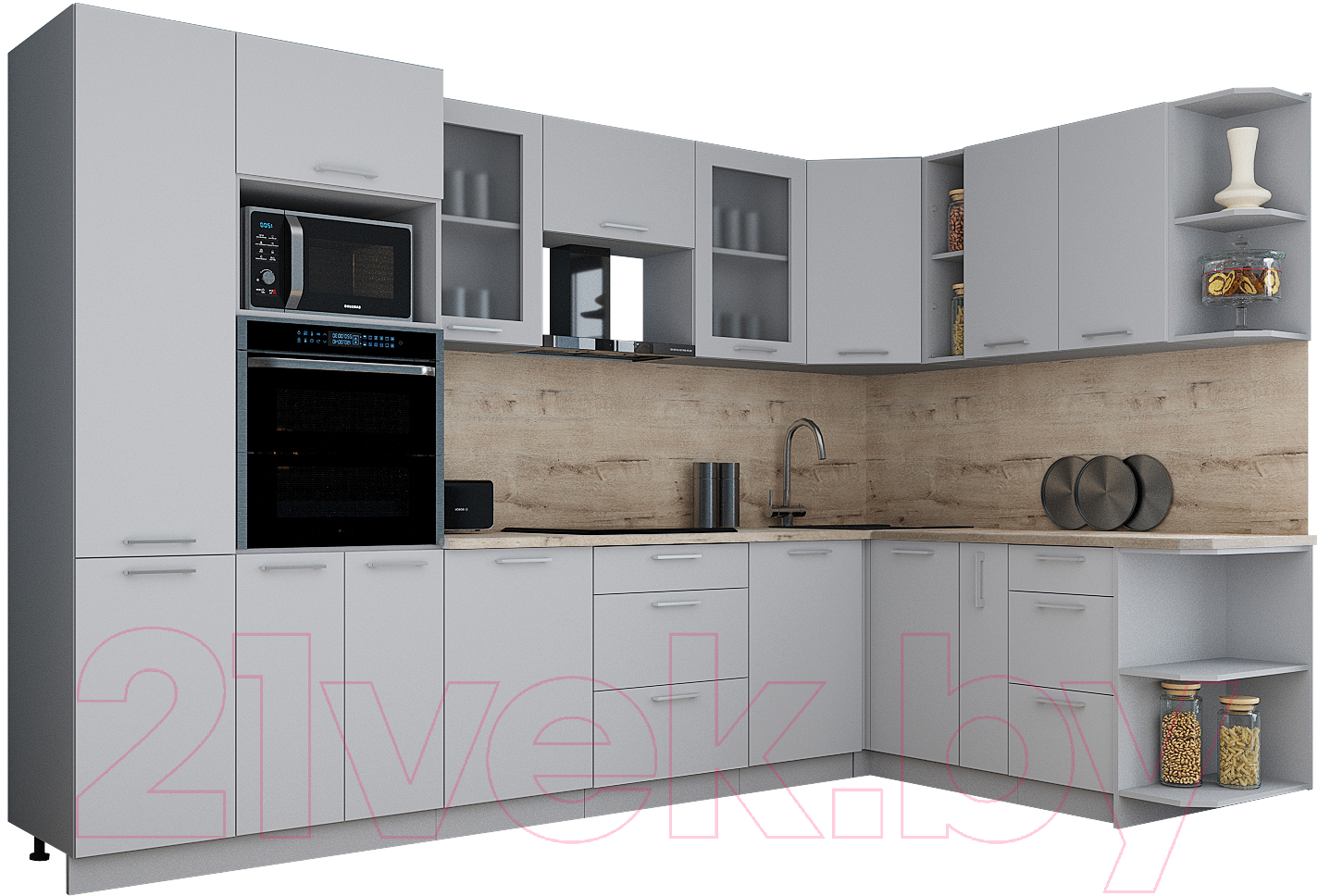 Кухонный гарнитур Interline Мила Gloss 1.88x3.2 правая (грей/грей/травертин серый)