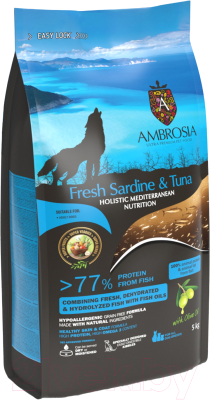 Сухой корм для собак Ambrosia Mediterranean для взрослых собак сардина и тунец / U/AHST5 (5кг)
