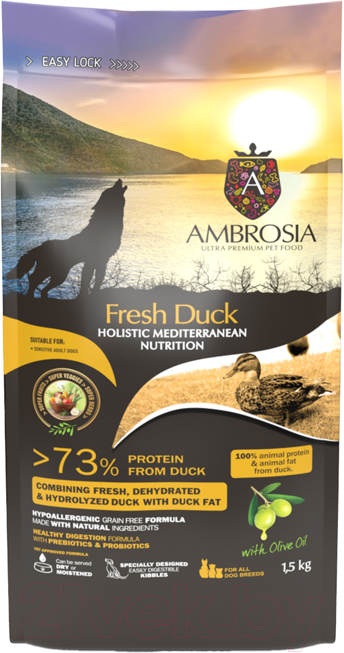Сухой корм для собак Ambrosia Mediterranean для взрослых собак свежая утка / U/AHD1.5 (1.5кг)