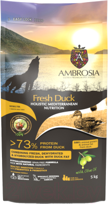 Сухой корм для собак Ambrosia Mediterranean для взрослых собак свежая утка / U/AHD5 (5кг)