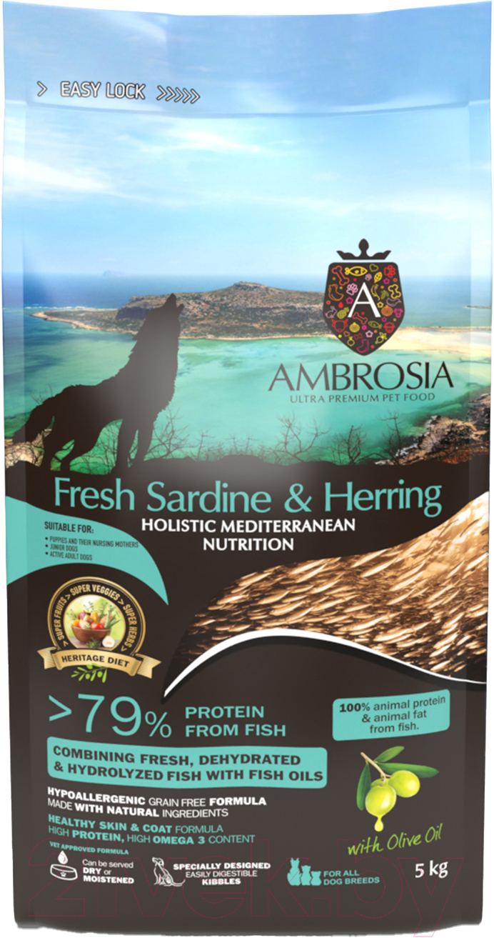 Сухой корм для собак Ambrosia Mediterranean для щенков свежая сардина и сельдь / U/AHSH5 (5кг)