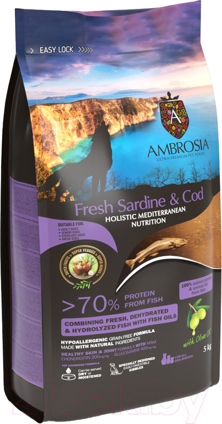 Сухой корм для собак Ambrosia Mediterranean д/взр. собак с ожирен. сардина и треска / U/AHSC5 (5кг) — фото 2