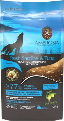 Сухой корм для собак Ambrosia Mediterranean для взрослых собак сардина и тунец / U/AHST1.5 (1.5кг)