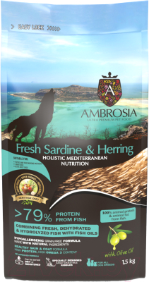 Сухой корм для собак Ambrosia Mediterranean д/щенк. и мол. собак сардина и сельдь / U/AHSH1.5 (1.5кг)