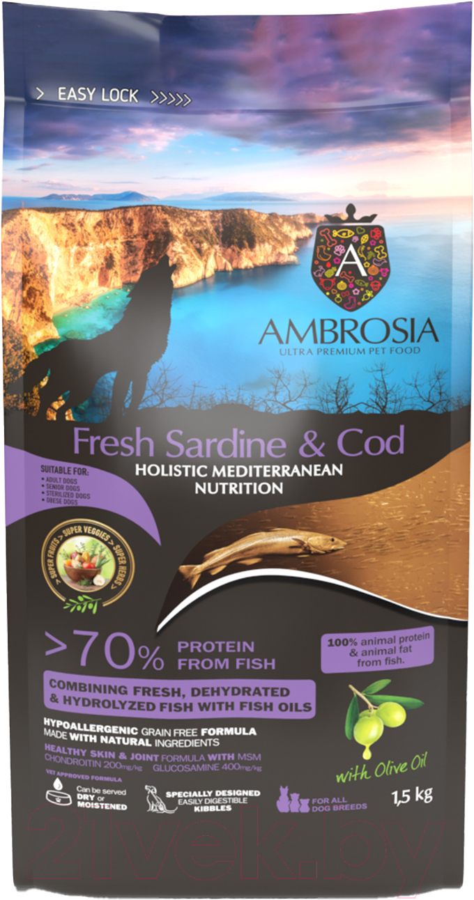 Сухой корм для собак Ambrosia Mediterranean д/взр. собак с ожир. сардина и треска / U/AHSC1.5 (1.5кг)