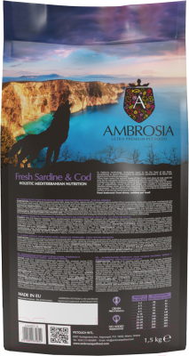 Сухой корм для собак Ambrosia Mediterranean д/взр. собак с ожир. сардина и треска / U/AHSC1.5 (1.5кг)