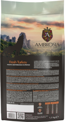 Сухой корм для собак Ambrosia Mediterranean д/взр. собак с ожир. свежая индейка / U/AHT1.5 (1.5кг)