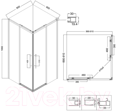 Изображение товара Душевой уголок Niagara NG-6629-34 90x90x195 (хром/прозрачное стекло)
