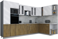 Кухонный гарнитур Интерлиния Мила Gloss 1.88x3.4 правая (белый глянец/дуб вотан/травертин серый) - 