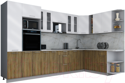 Готовая кухня Интерлиния Мила Gloss 1.88x3.4 правая (белый глянец/дуб вотан/травертин серый)