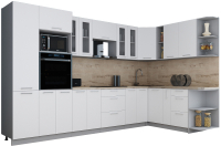 Кухонный гарнитур Интерлиния Мила Gloss 1.88x3.4 правая (белый софт/белый софт/травертин серый) - 