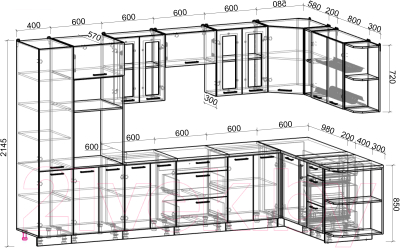 Кухонный гарнитур Интерлиния Мила Gloss 1.88x3.4 правая (белый софт/белый софт/травертин серый)