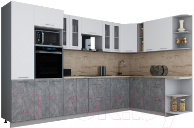 Готовая кухня Интерлиния Мила Gloss 1.88x3.4 правая (белый софт/керамика/травертин серый)
