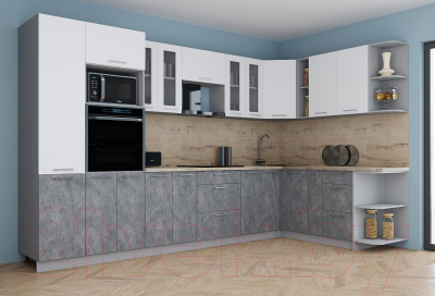 Готовая кухня Интерлиния Мила Gloss 1.88x3.4 правая (белый софт/керамика/травертин серый)