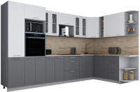 Кухонный гарнитур Интерлиния Мила Gloss 1.88x3.4 правая (белый софт/серый софт/травертин серый) - 
