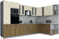 Кухонный гарнитур Интерлиния Мила Gloss 1.88x3.4 правая (ваниль глянец/дуб вотан/травертин серый) - 