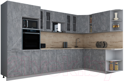 Готовая кухня Интерлиния Мила Gloss 1.88x3.4 правая (керамика/керамика/травертин серый)