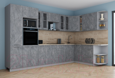 Готовая кухня Интерлиния Мила Gloss 1.88x3.4 правая (керамика/керамика/травертин серый)