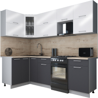 Кухонный гарнитур Интерлиния Мила Gloss 50-12x24 (белый глянец/графит софт/травертин серый) - 