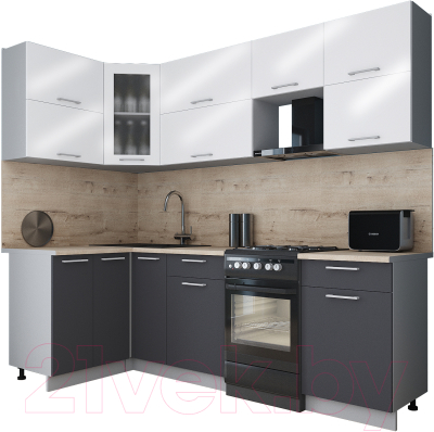 Готовая кухня Интерлиния Мила Gloss 50-12x24 (белый глянец/графит софт/травертин серый)