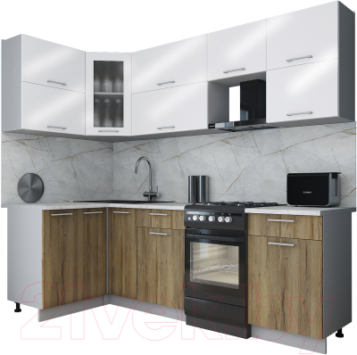 Готовая кухня Интерлиния Мила Gloss 50-12x24 (белый глянец/дуб вотан/травертин серый)