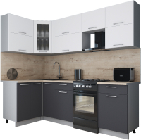 Кухонный гарнитур Интерлиния Мила Gloss 50-12x24 (белый софт/графит софт/травертин серый) - 