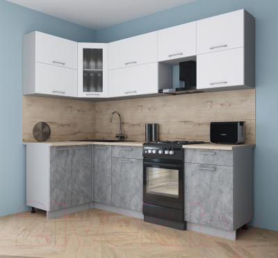 Кухонный гарнитур Интерлиния Мила Gloss 50-12x24 (белый софт/керамика/травертин серый)