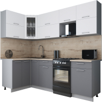 Кухонный гарнитур Интерлиния Мила Gloss 50-12x24 (белый софт/серый софт/травертин серый) - 