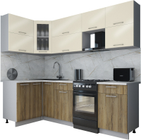 Кухонный гарнитур Интерлиния Мила Gloss 50-12x24 (ваниль глянец/дуб вотан/травертин серый) - 