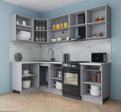 Кухонный гарнитур Интерлиния Мила Gloss 50-12x24 (графит софт/графит софт/травертин серый)