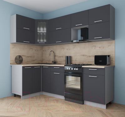 Кухонный гарнитур Интерлиния Мила Gloss 50-12x24 (графит софт/графит софт/травертин серый)