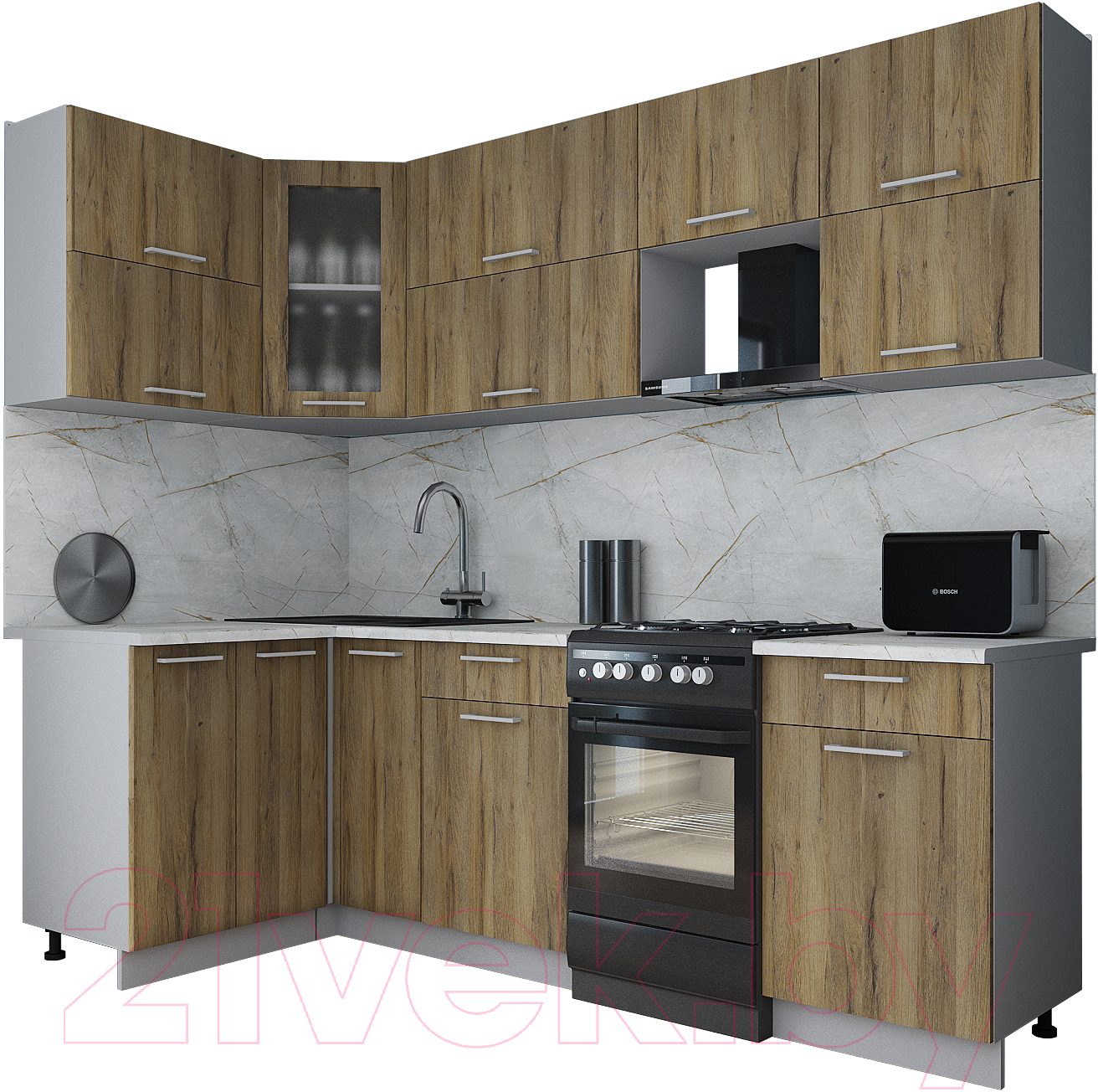 Кухонный гарнитур Interline Мила Gloss 50-12x24 (дуб вотан/дуб вотан/травертин серый)
