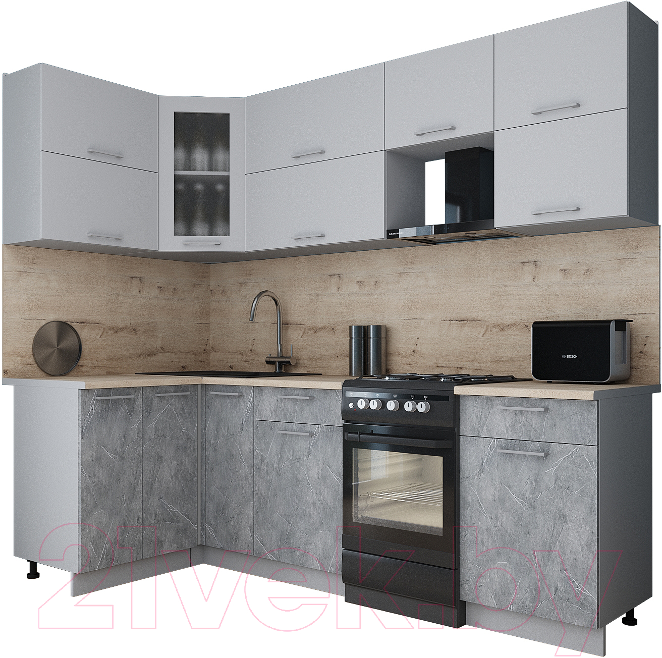 Кухонный гарнитур Interline Мила Gloss 50-12x24 (грей/керамика/травертин серый)