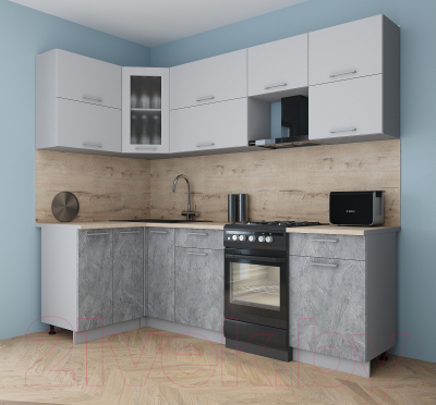 Готовая кухня Интерлиния Мила Gloss 50-12x24 (пепел софт/керамика/травертин серый)