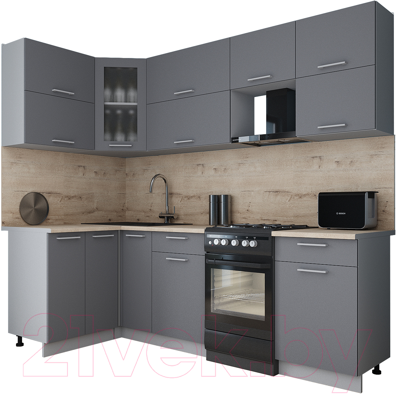 Кухонный гарнитур Interline Мила Gloss 50-12x24 (серый/серый/травертин серый)