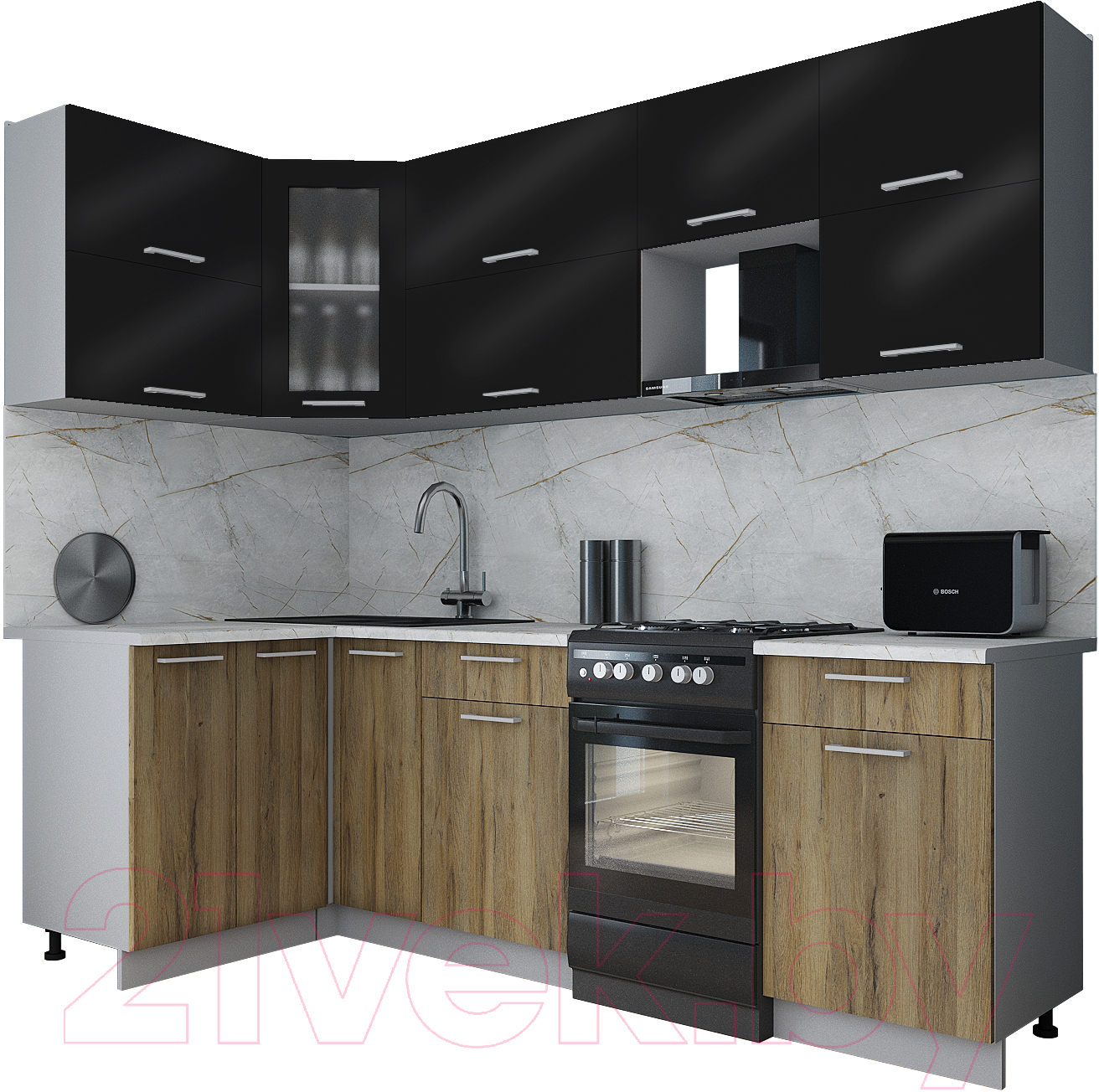 Кухонный гарнитур Interline Мила Gloss 50-12x24 (черный глянец/дуб вотан/травертин серый)