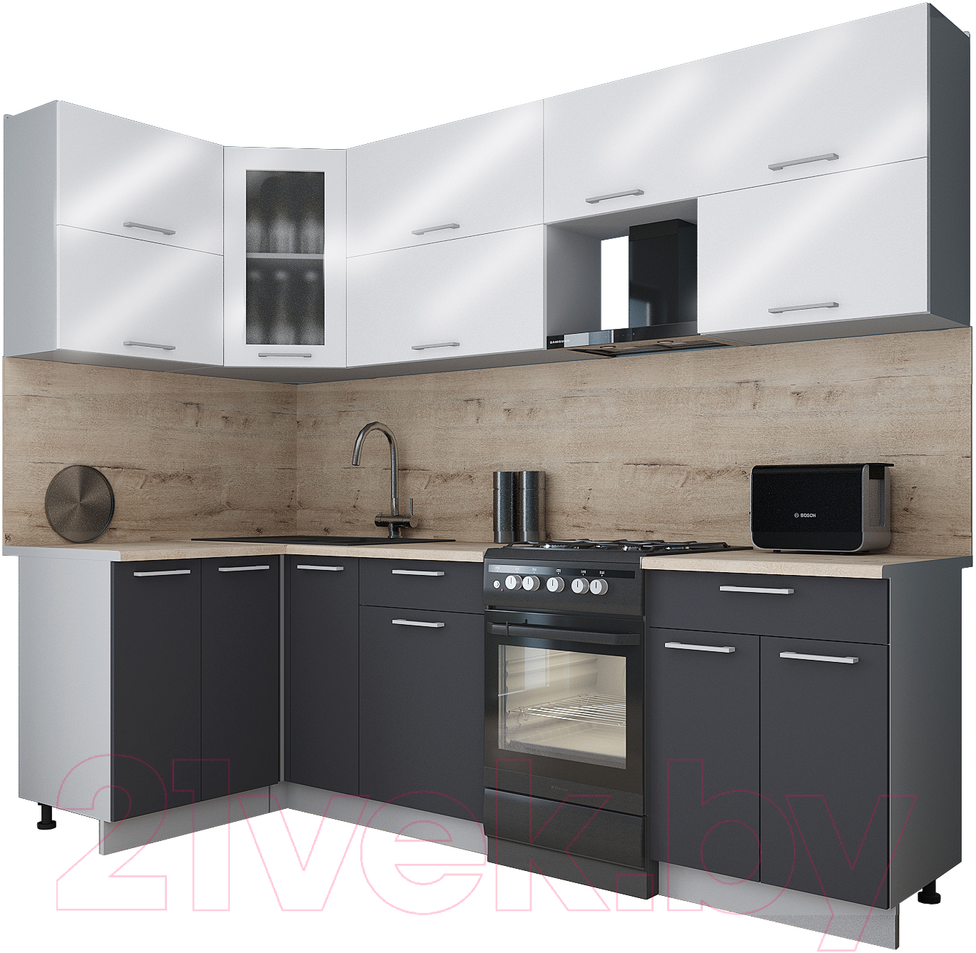 Кухонный гарнитур Interline Мила Gloss 50-12x25 (белый глянец/пепел/травертин серый)