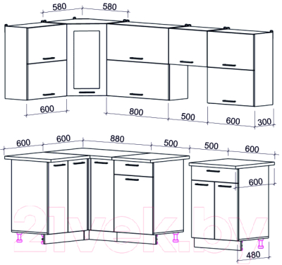 Кухонный гарнитур Интерлиния Мила Gloss 50-12x25 (белый глянец/графит софт/травертин серый)