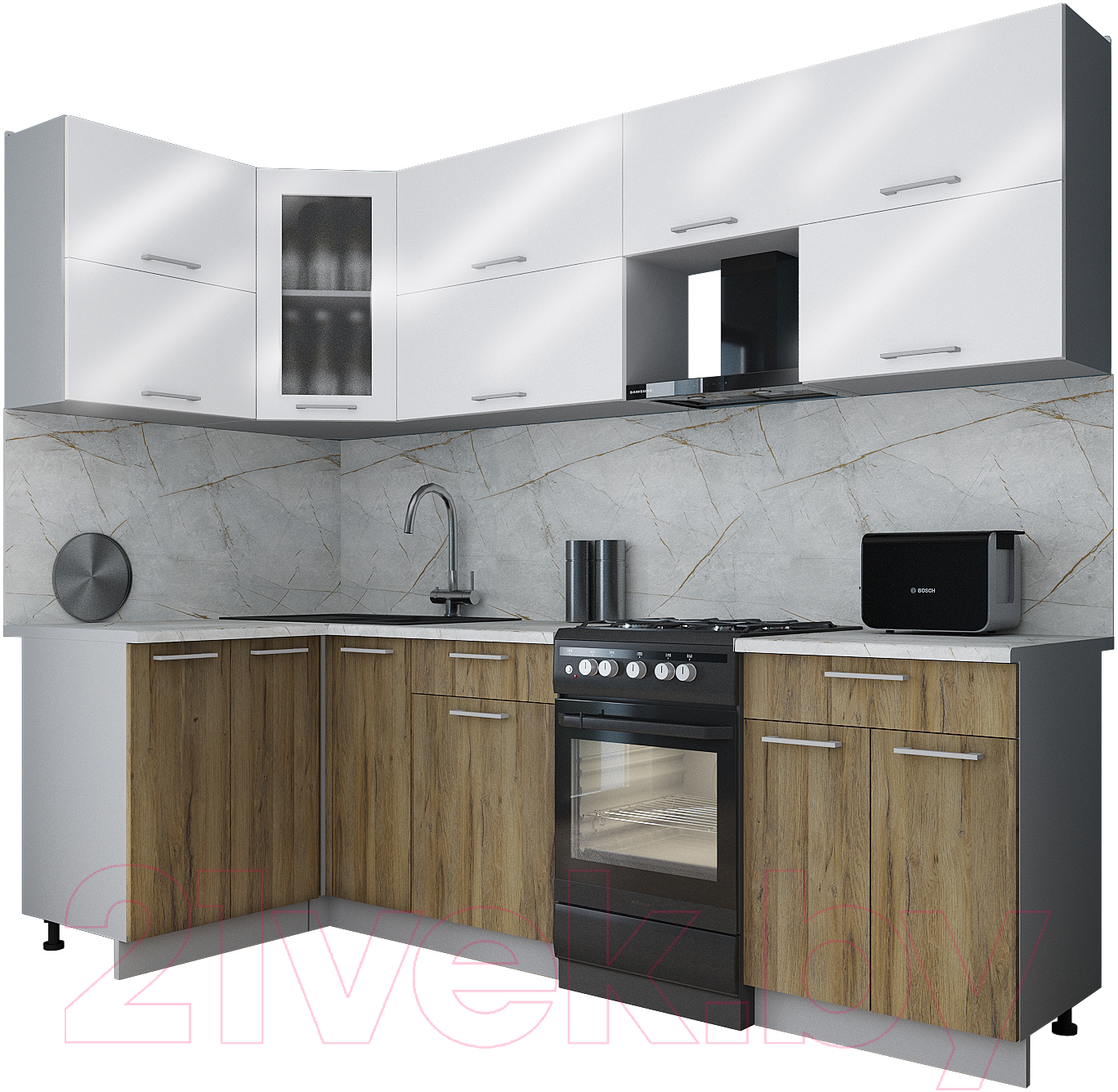 Кухонный гарнитур Interline Мила Gloss 50-12x25 (белый глянец/дуб вотан/травертин серый)