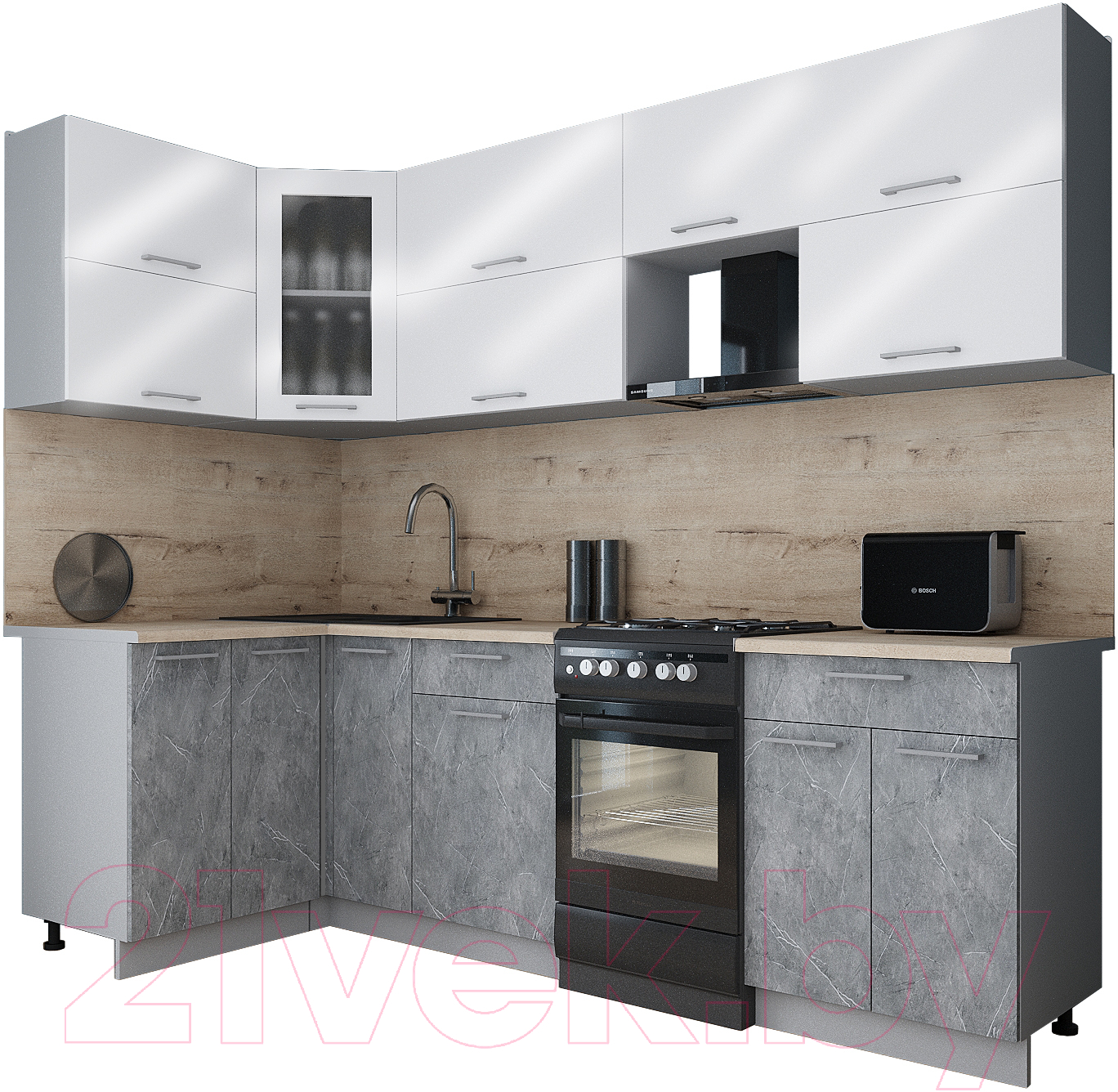 Кухонный гарнитур Interline Мила Gloss 50-12x25 (белый глянец/керамика/травертин серый)